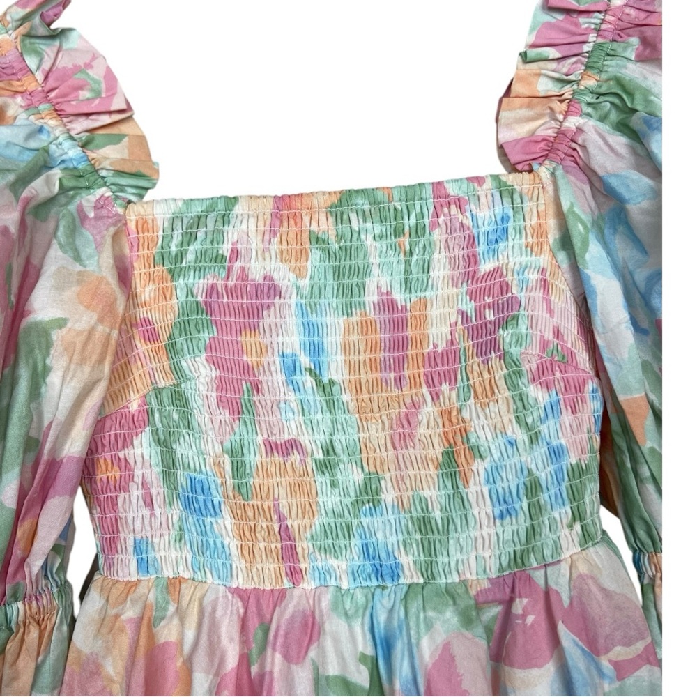 Selkie Pink and Blue Puff Sleeve Sundress with Square Neck - Picture 3 of 5